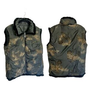 New Montanaco reversible velvet burnout faux fur trim puffer vest black Sz Large